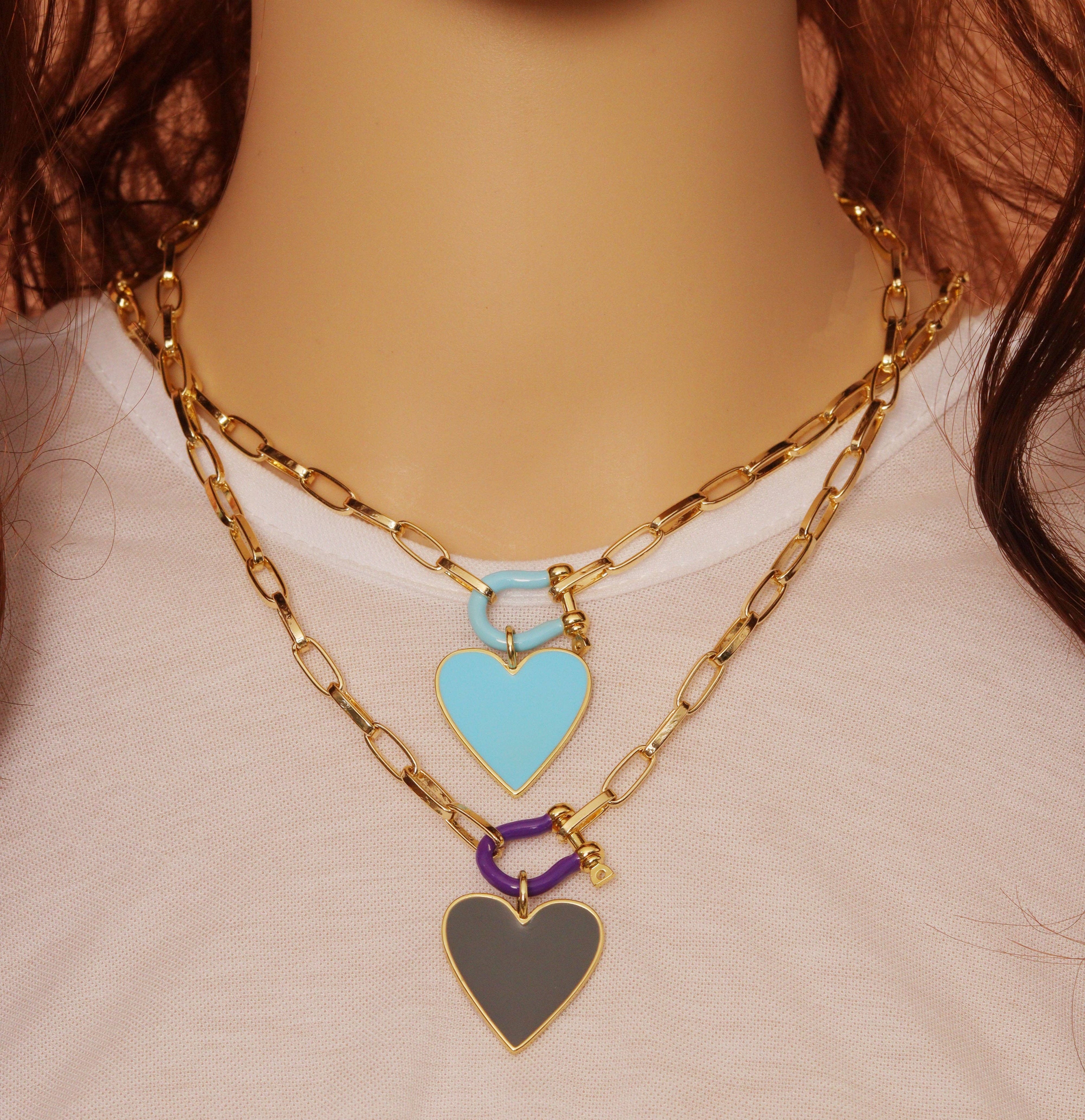 Paperclip Chain Horseshoe Clasp Heart Necklace, sku#EF186