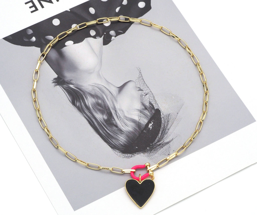 Paperclip Chain Horseshoe Clasp Heart Necklace, sku#EF186