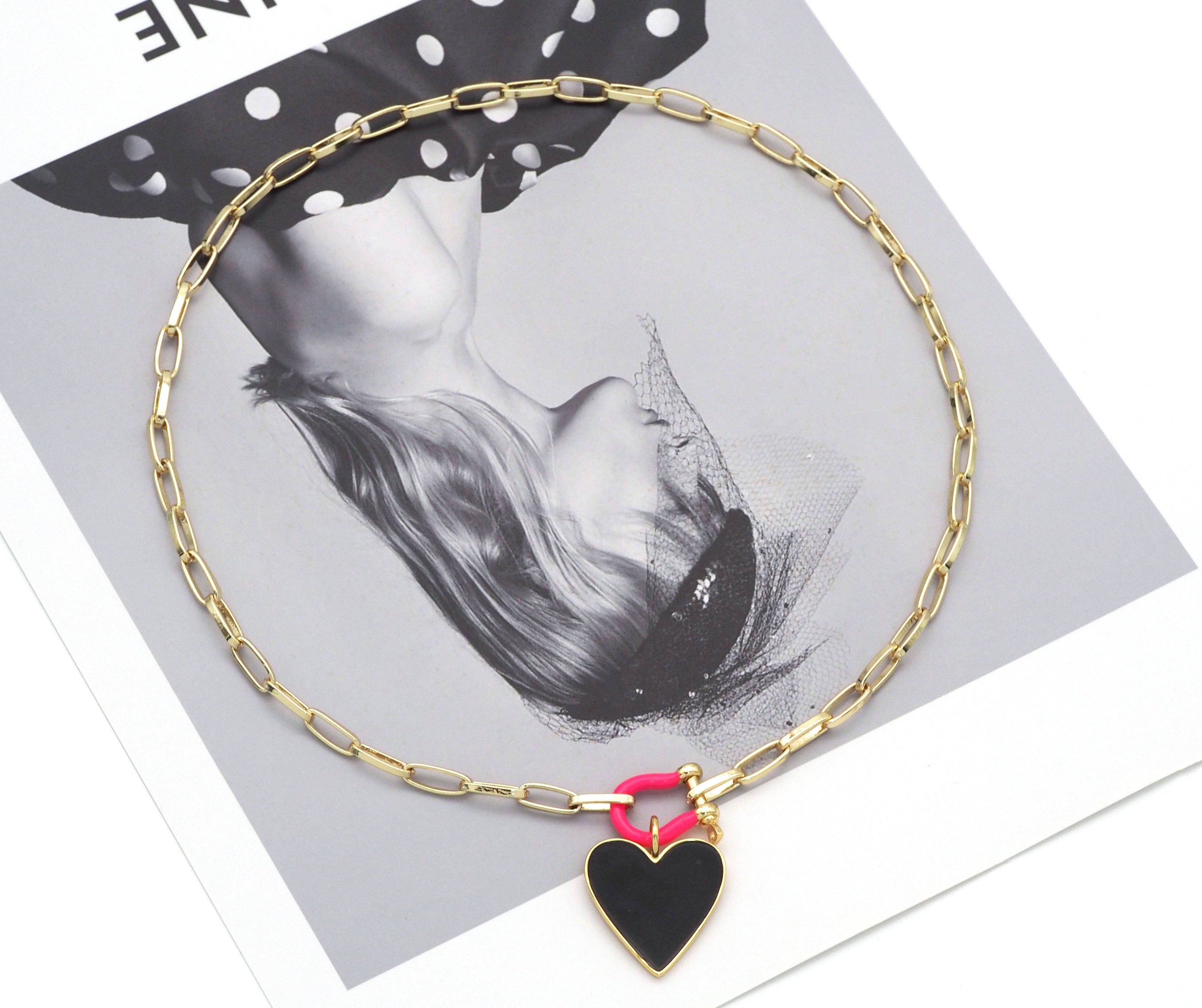 Paperclip Chain Horseshoe Clasp Heart Necklace, sku#EF186