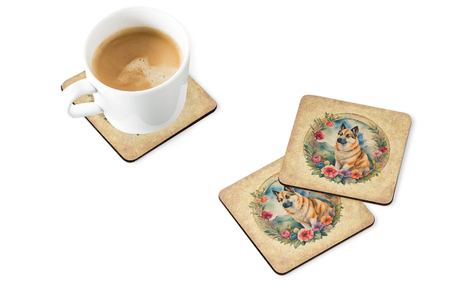 Norwegian Buhund and Flowers Coasters - Set of 4 Lightweight Foam, Absorbent Drink Coasters
