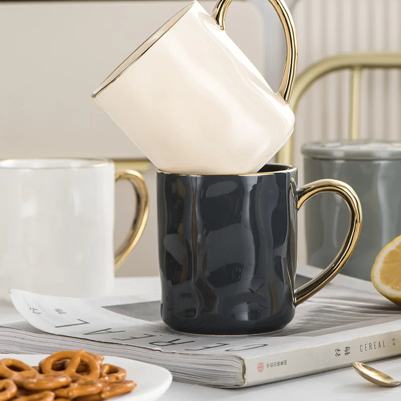 DecorBites™ Nordic Gold Rim Mug Set - Light Luxury Ceramic Coffee Cups with Handle