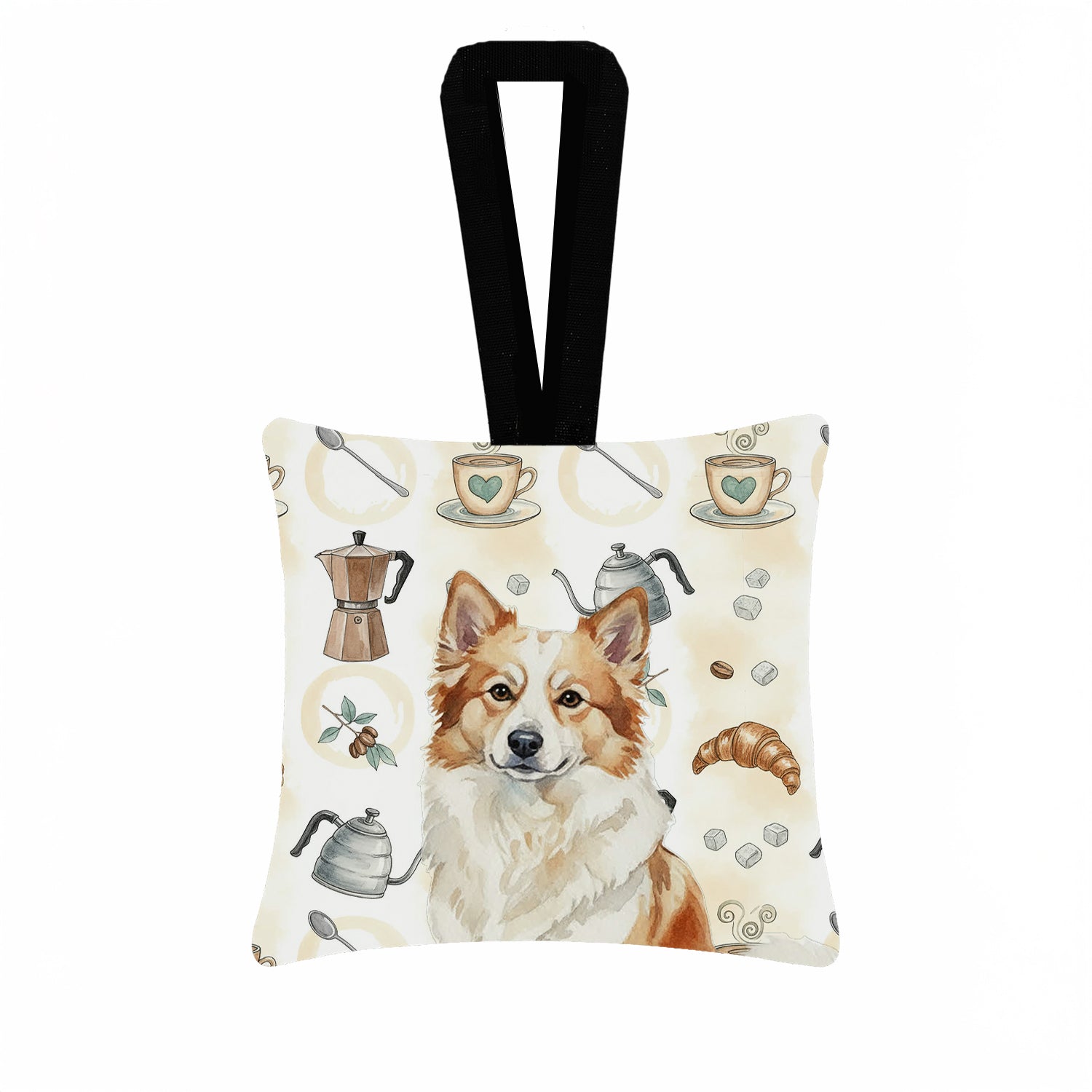 Tan Icelandic Sheepdog Coffee Bar Hanging Square Fabric Ornament 3.5 × 3.5