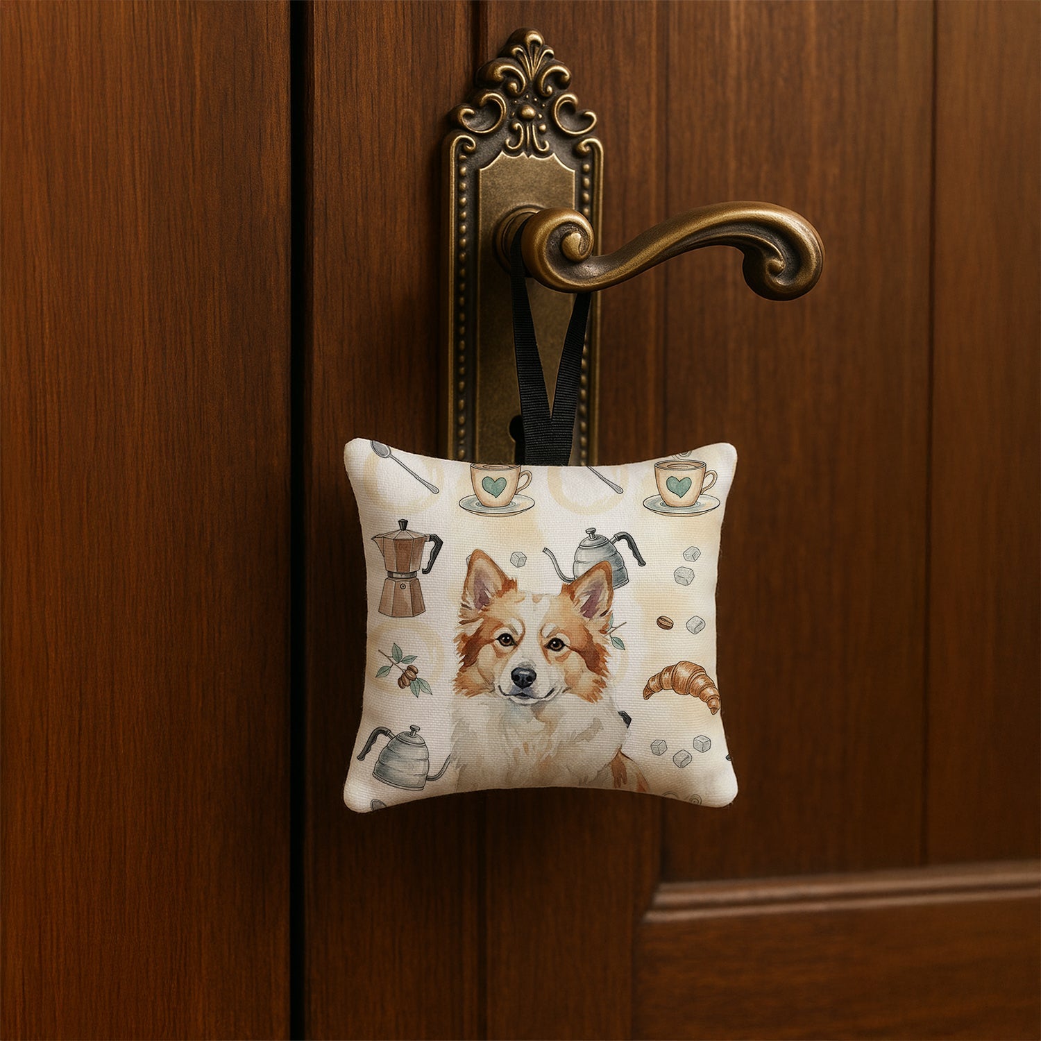 Tan Icelandic Sheepdog Coffee Bar Hanging Square Fabric Ornament 3.5 × 3.5