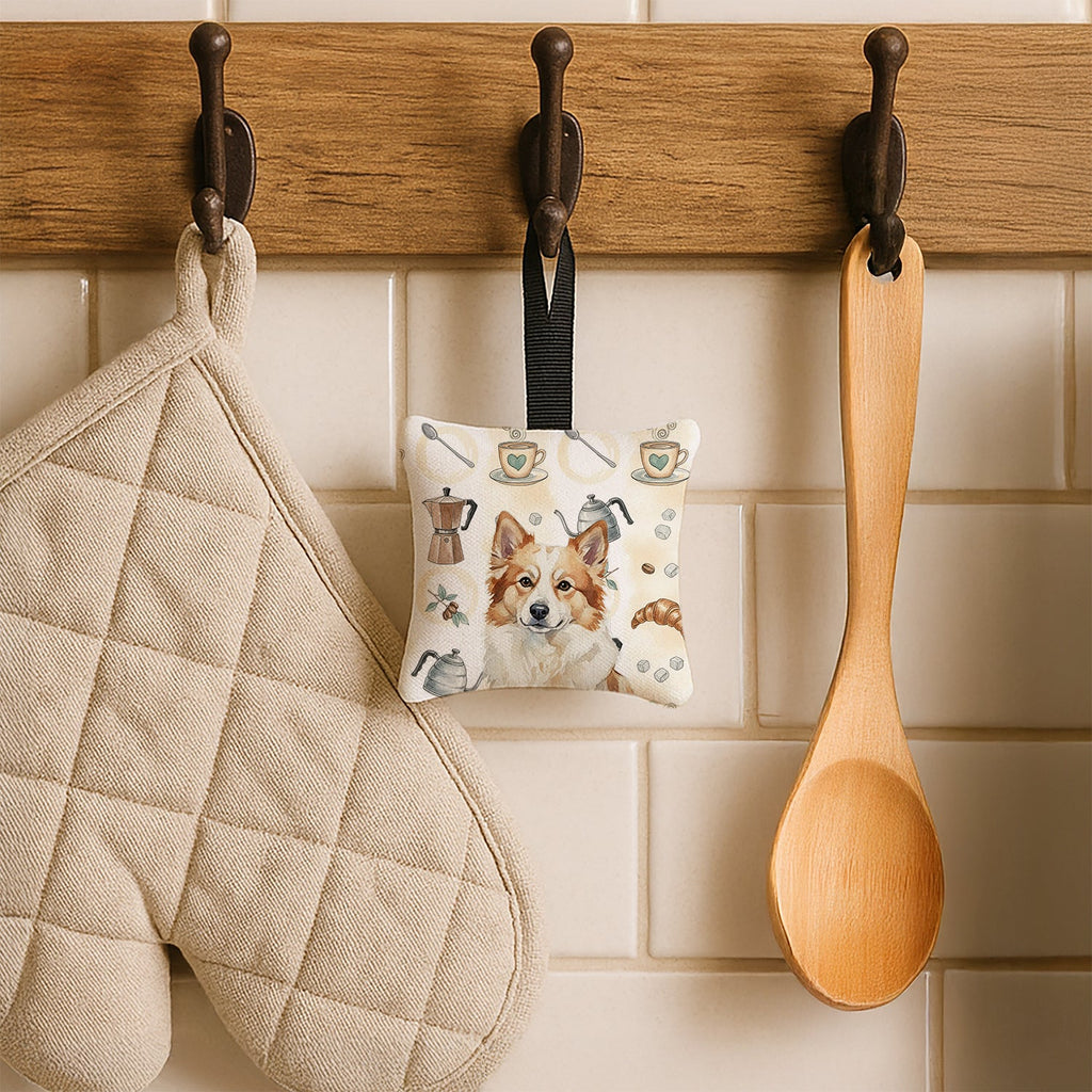 Tan Icelandic Sheepdog Coffee Bar Hanging Square Fabric Ornament 3.5 × 3.5
