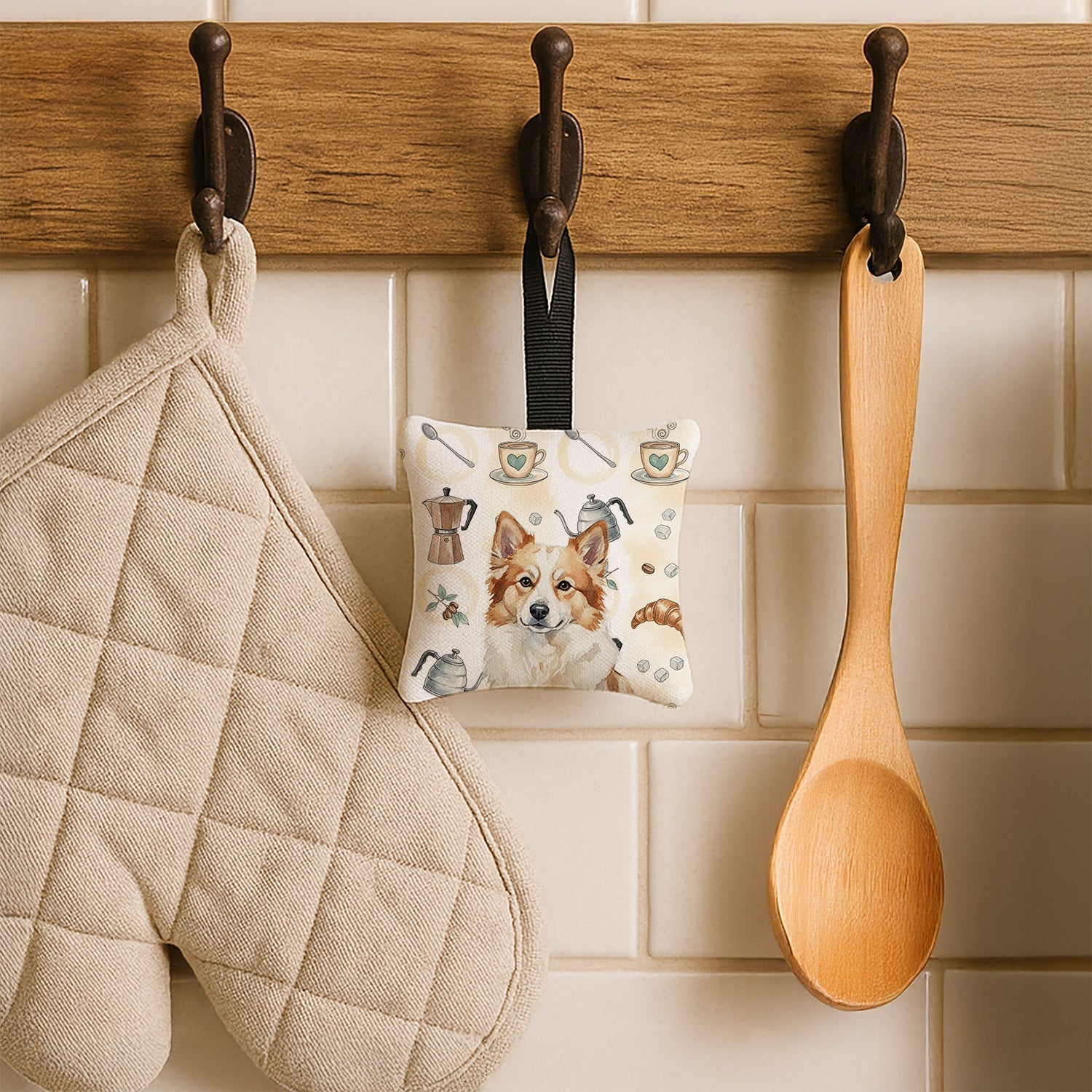 Tan Icelandic Sheepdog Coffee Bar Hanging Square Fabric Ornament 3.5 × 3.5