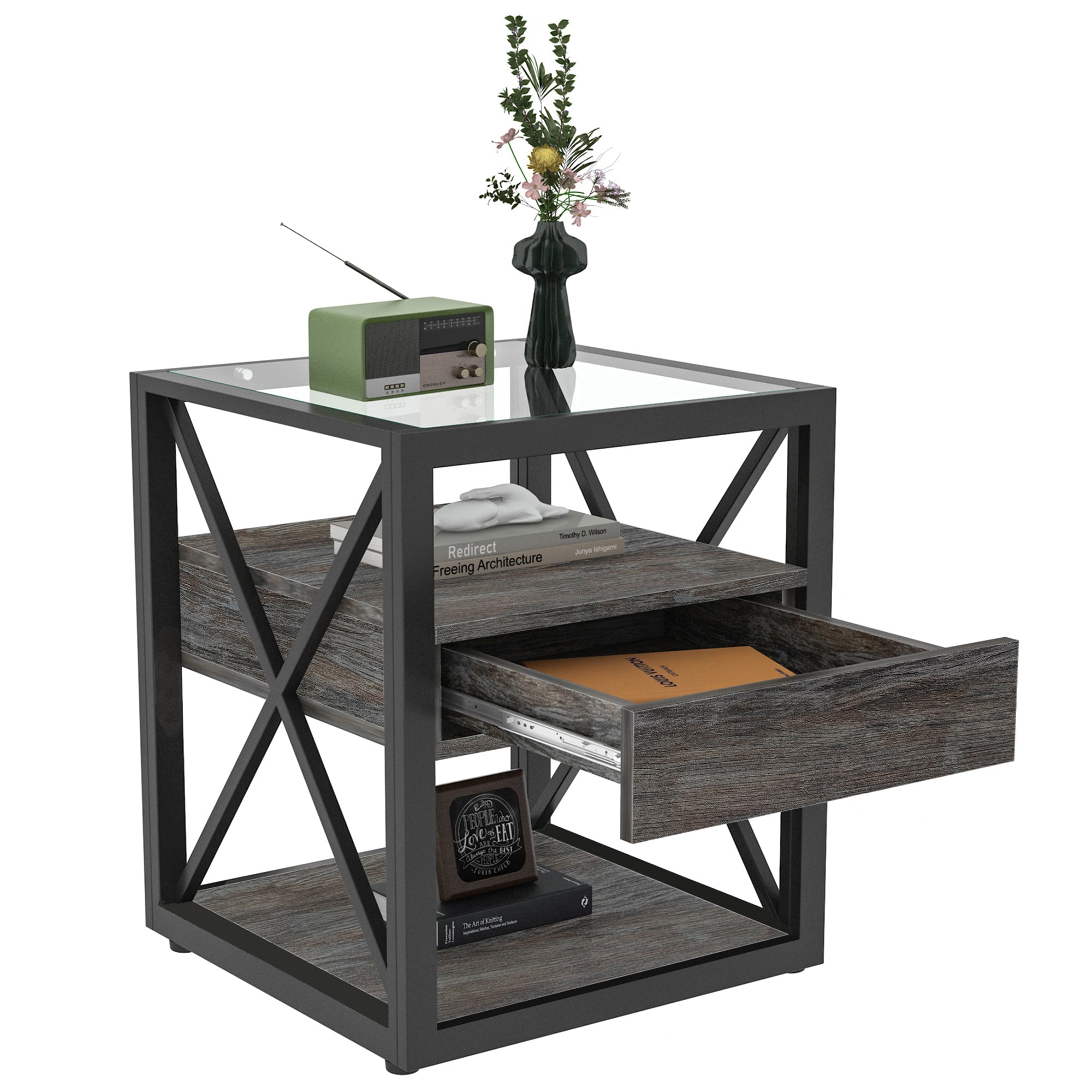 Set of 2 Modern End Tables with Drawer - Nightstand