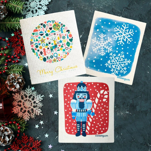 Bundle of 3 Swedish Dishcloths | Blue Nutcracker, Ornament Ball, Blue Snowflakes