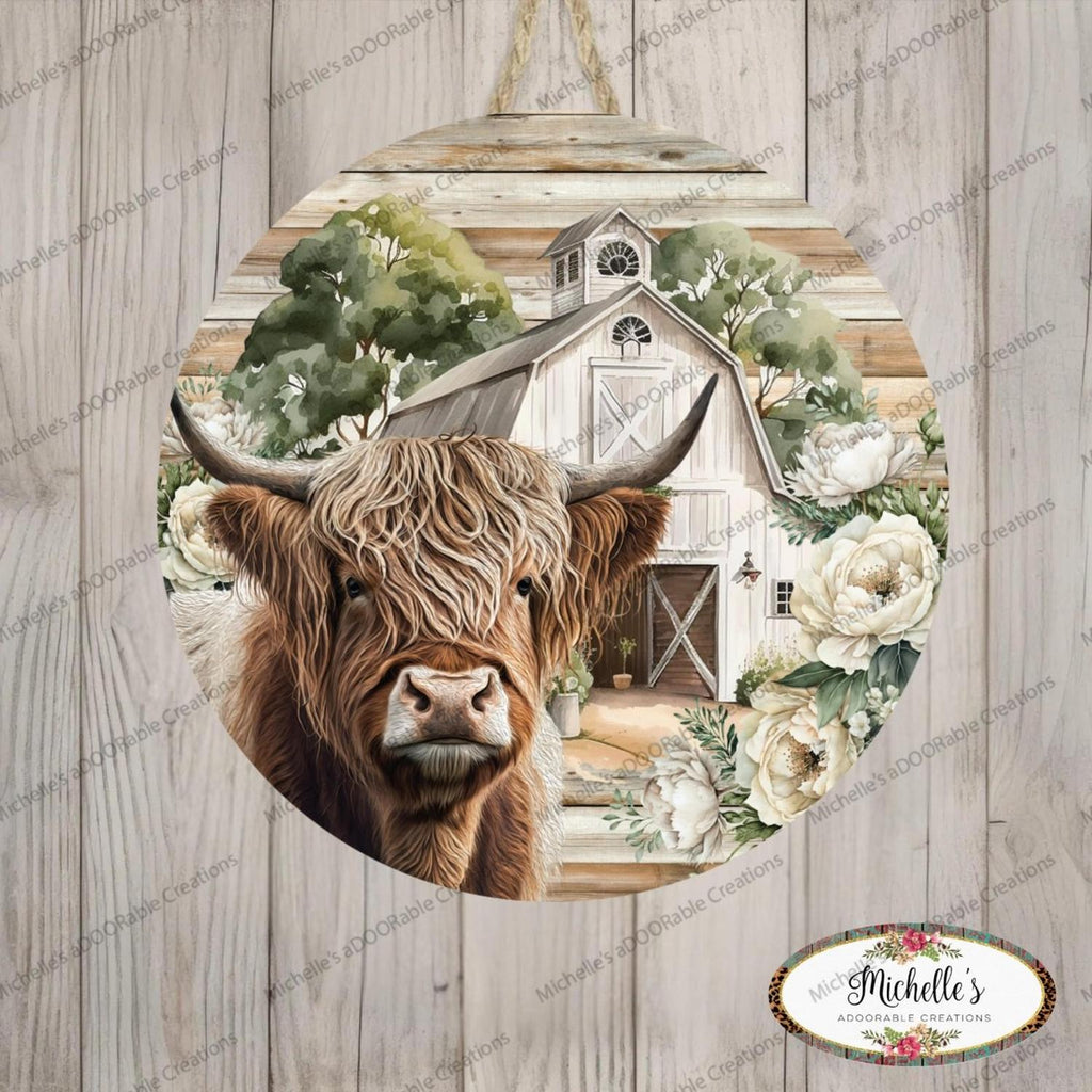 Highland Cow White Barn Florals Sign