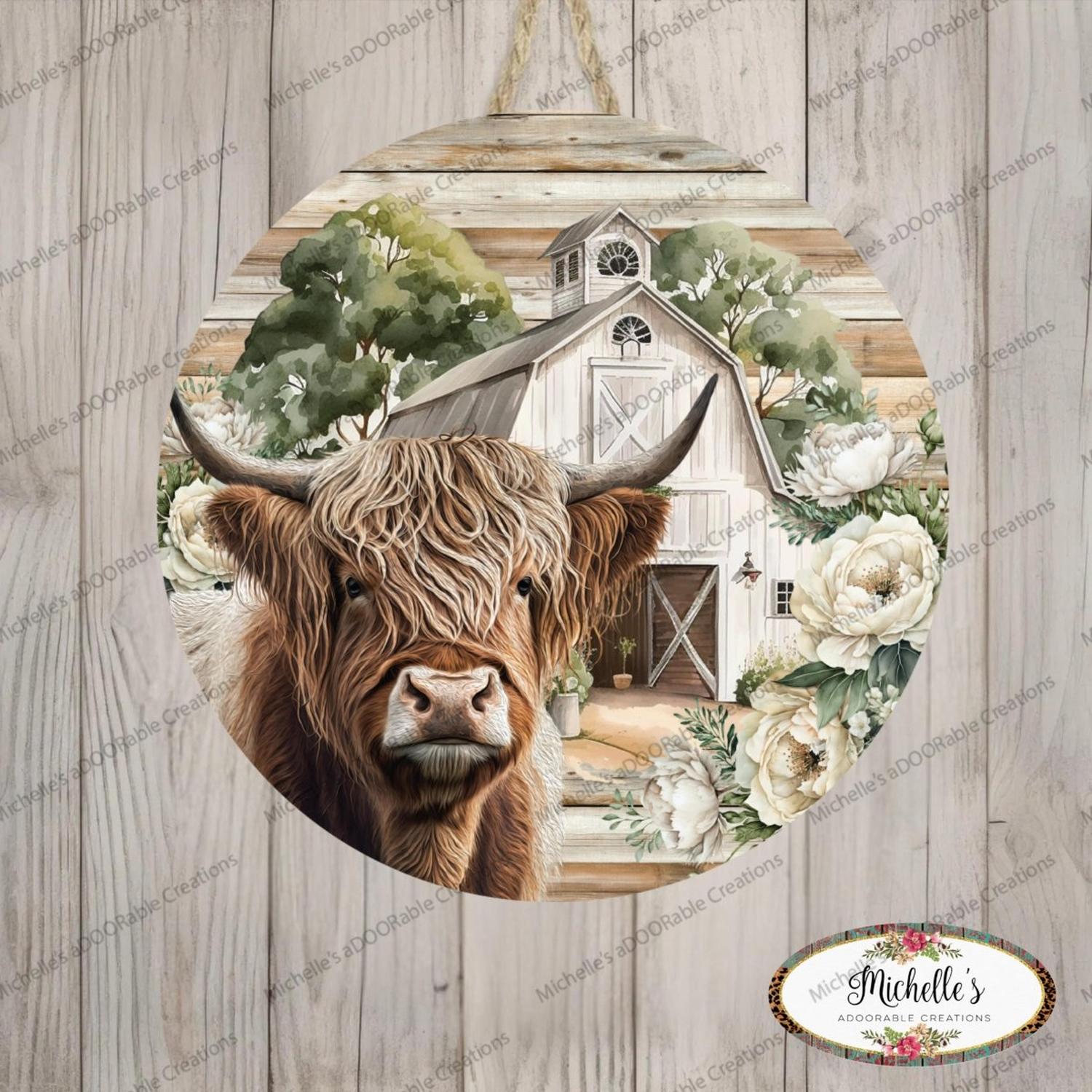Highland Cow White Barn Florals Sign