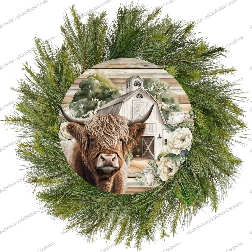Highland Cow White Barn Florals Sign