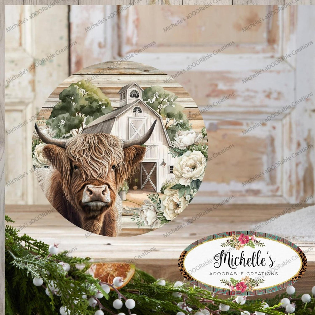 Highland Cow White Barn Florals Sign