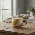 Scandinavian ceramic coffee mug on a wooden table