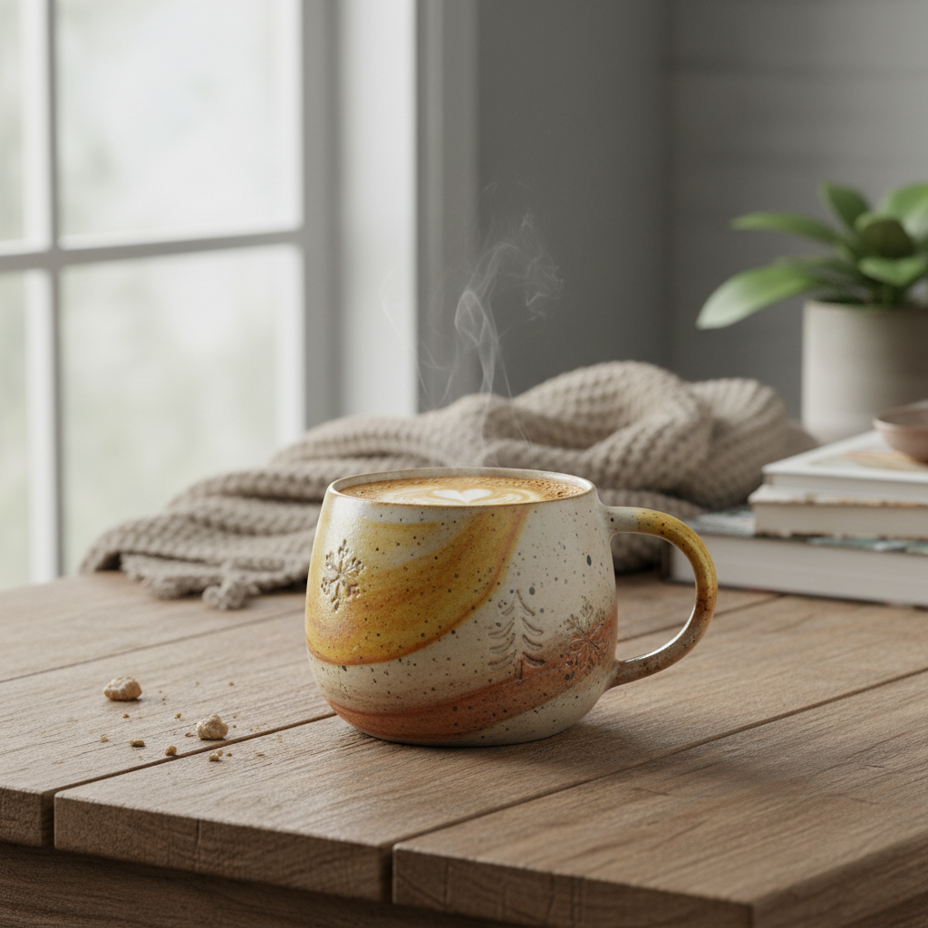 Scandinavian ceramic coffee mug on a wooden table