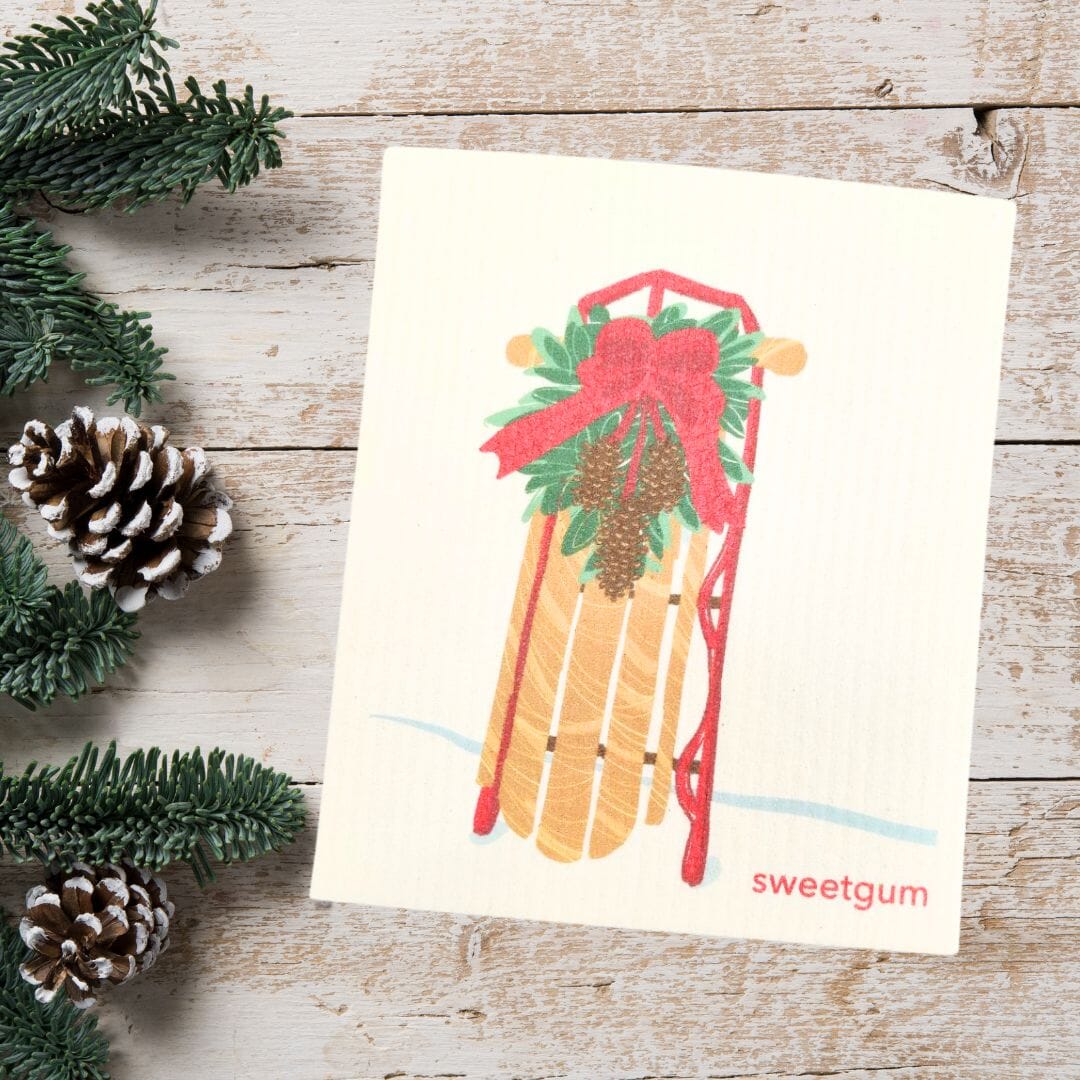 Sled with Red Bow & Pinecone Swag | Christmas & Winter Swedish Dishcloth