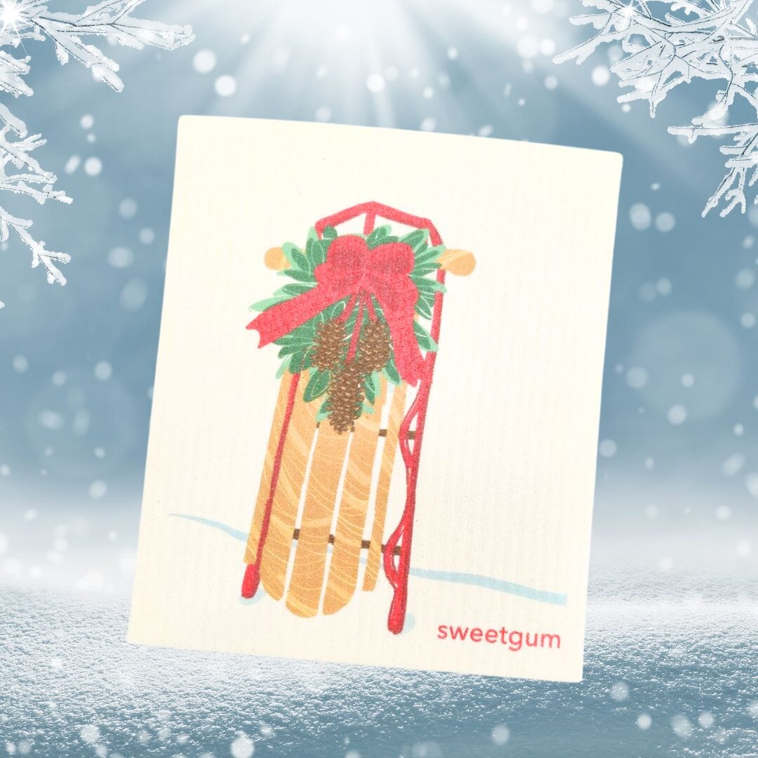 Sled with Red Bow & Pinecone Swag | Christmas & Winter Swedish Dishcloth